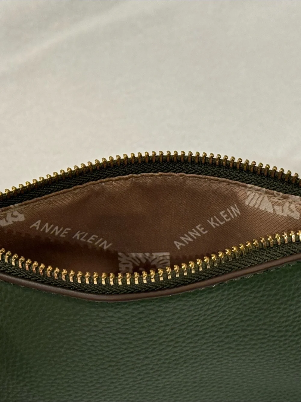Anne Klein Forest Green Pebbled Leather Cosmetic Pouch with Gold Accents
